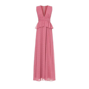 LDT Blair Rose Pink Sheer Chiffon Peplum Ruffle‎ Coquette Swiss Dot Maxi Gown 2
